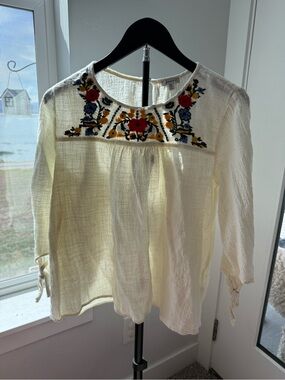 JODIFL Cream Peasant Blouse with Red, Blue & Yellow Embroidery